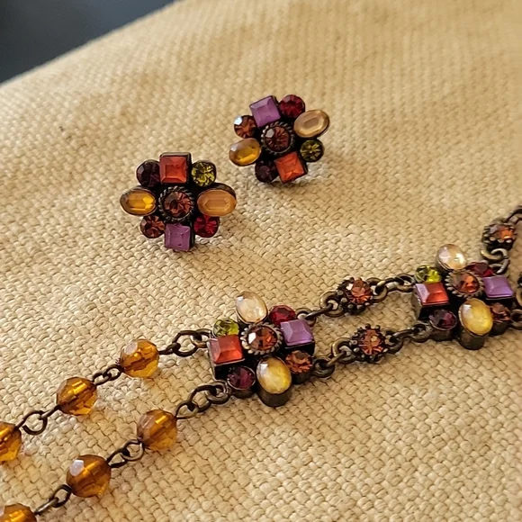 Multi gem pierced earrings and choker set - Picture 4 of 10